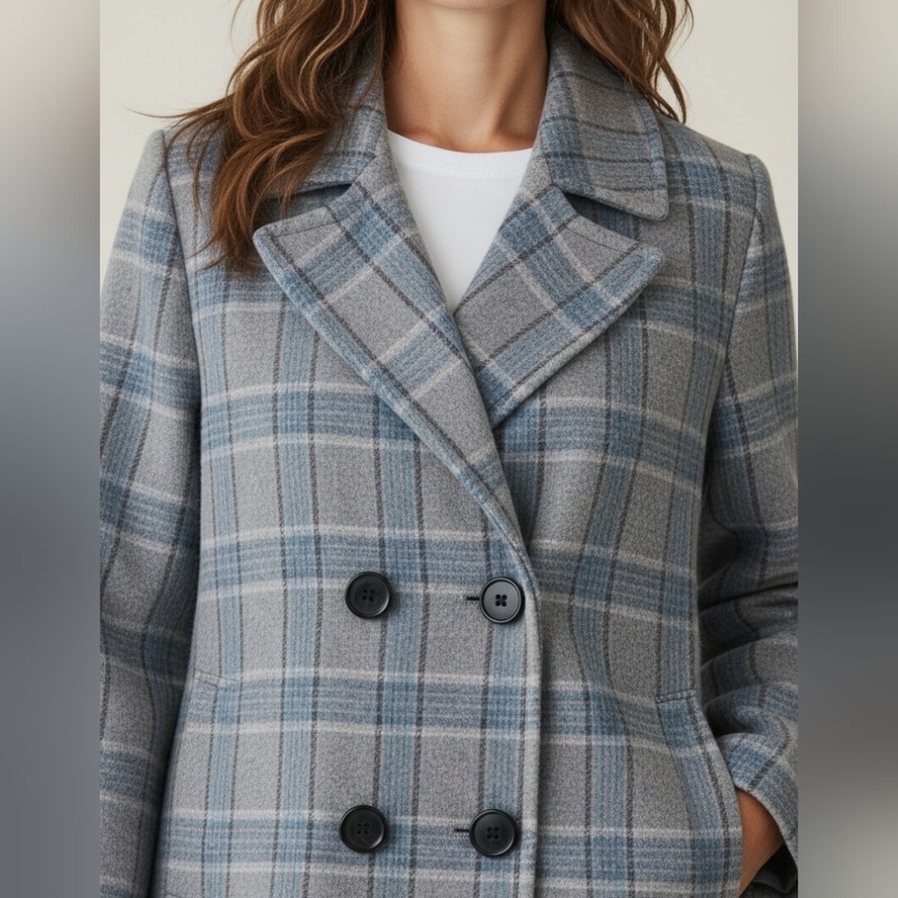 Banana Republic Blue & Gray Plaid Lightweight Peacoat